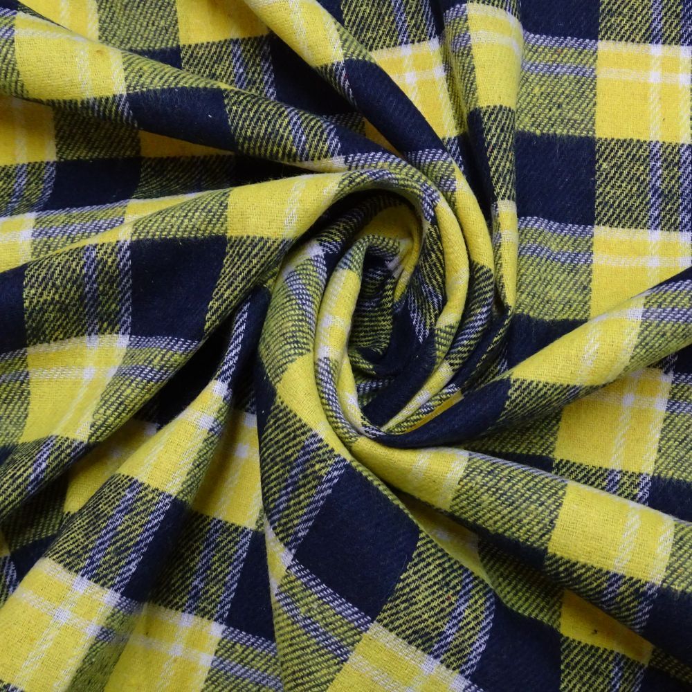 Tecido Alfaiataria Flanela de Algodão Mista Xadrez Cores Amarelo e Azul Marinho 