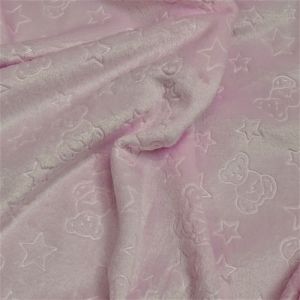 Tecido Aveludado Fleece Jacquard, Ursinhos e Estrelas, Cor Rosa Bebe 