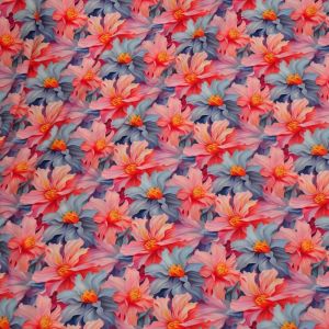 Tecido Crepe Span Premium Toque De Seda Estampa Floral Grande Coral e Azul Hortencia 