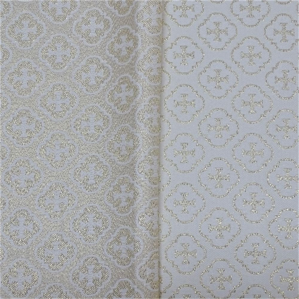 Tecido Jacquard Italiano Brocado, Mini Cruz em Cor Branca com Fios Metalizados em Dourado 