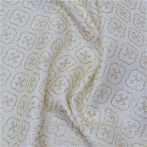 Tecido Jacquard Italiano Brocado, Mini Cruz em Cor Branca com Fios Metalizados em Dourado 