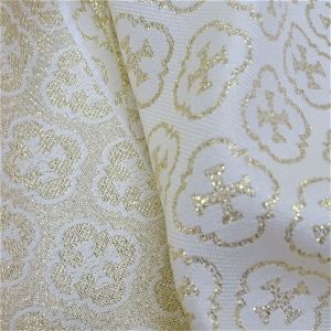 Tecido Jacquard Italiano Brocado, Mini Cruz em Cor Branca com Fios Metalizados em Dourado 