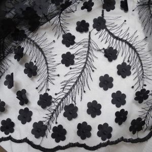 Tecido Renda Tule Bordada 3D Floral Cor Preta Pantone: Black 