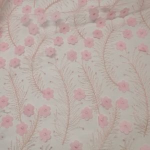 Tecido Renda Tule Bordada 3D Floral Cor Rosa Bebe, Pantone: 13-2805 TCX Roseate Spoonbill 