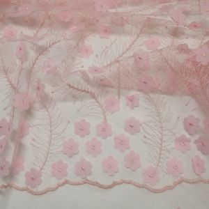 Tecido Renda Tule Bordada 3D Floral Cor Rosa Bebe, Pantone: 13-2805 TCX Roseate Spoonbill 