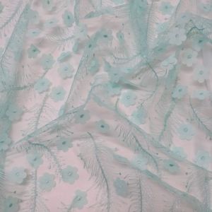 Tecido Renda Tule Bordada 3D Floral Cor Verde Menta Pantone: 14-4809 TCX Eggshell Blue 