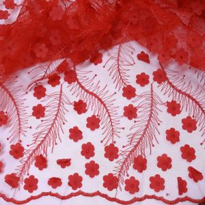 Tecido Renda Tule Bordada 3D Floral Cor Vermelha Pantone: 19-1758TCX Haute Red   