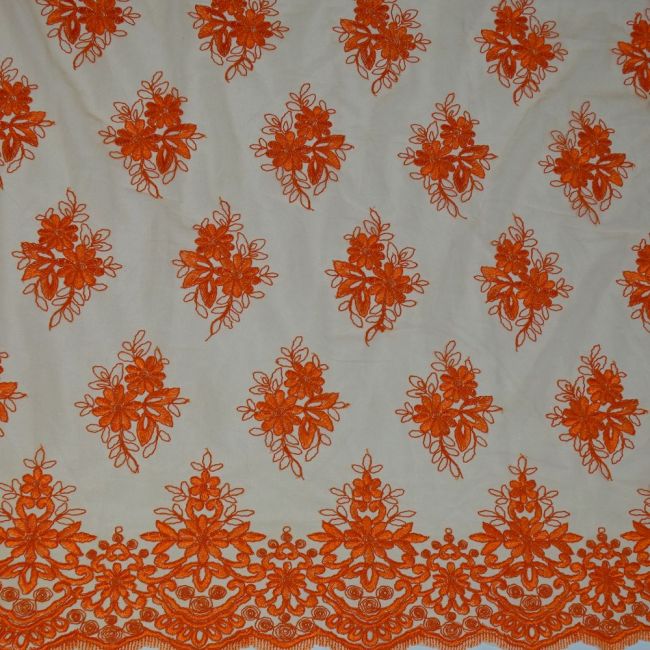 Tecido Renda Tule  Bordada Cor Laranja, Pantone: 16-1459 TCX  Mandarin Orange