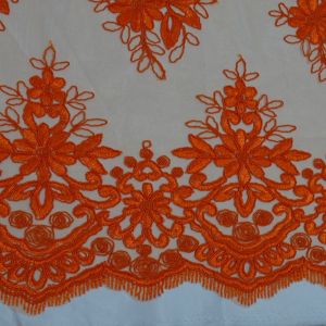 Tecido Renda Tule  Bordada Cor Laranja, Pantone: 16-1459 TCX  Mandarin Orange