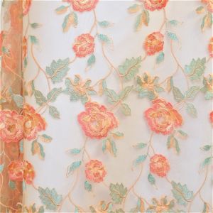 Tecido Renda Tule Bordada Floral Cor Pessego Pantone: 12-0913TCX 