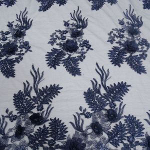 Tecido Renda Tule Bordado Floral 3D Com Pedrarias Cor Azul Marinho, Pantone: 19-4024 TCX Dress Blues