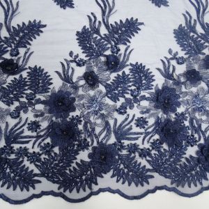 Tecido Renda Tule Bordado Floral 3D Com Pedrarias Cor Azul Marinho, Pantone: 19-4024 TCX Dress Blues