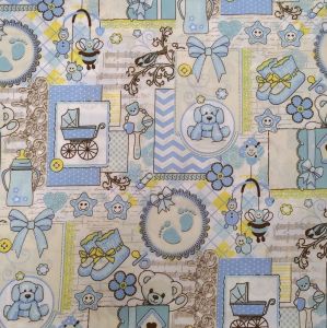 Tecido Tricoline PatchWork Estampa Tema Baby Azul  Ursinhos 