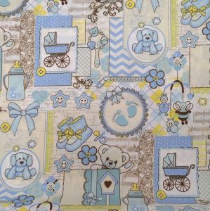 Tecido Tricoline PatchWork Estampa Tema Baby Azul  Ursinhos 