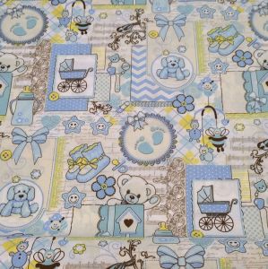 Tecido Tricoline PatchWork Estampa Tema Baby Azul  Ursinhos 