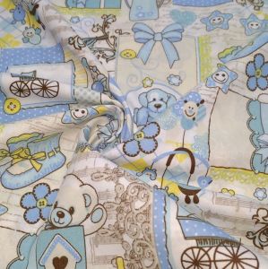 Tecido Tricoline PatchWork Estampa Tema Baby Azul  Ursinhos 