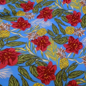 Tecido Viscose Casual Estampa Floral Tropical Fundo Cor Azul 