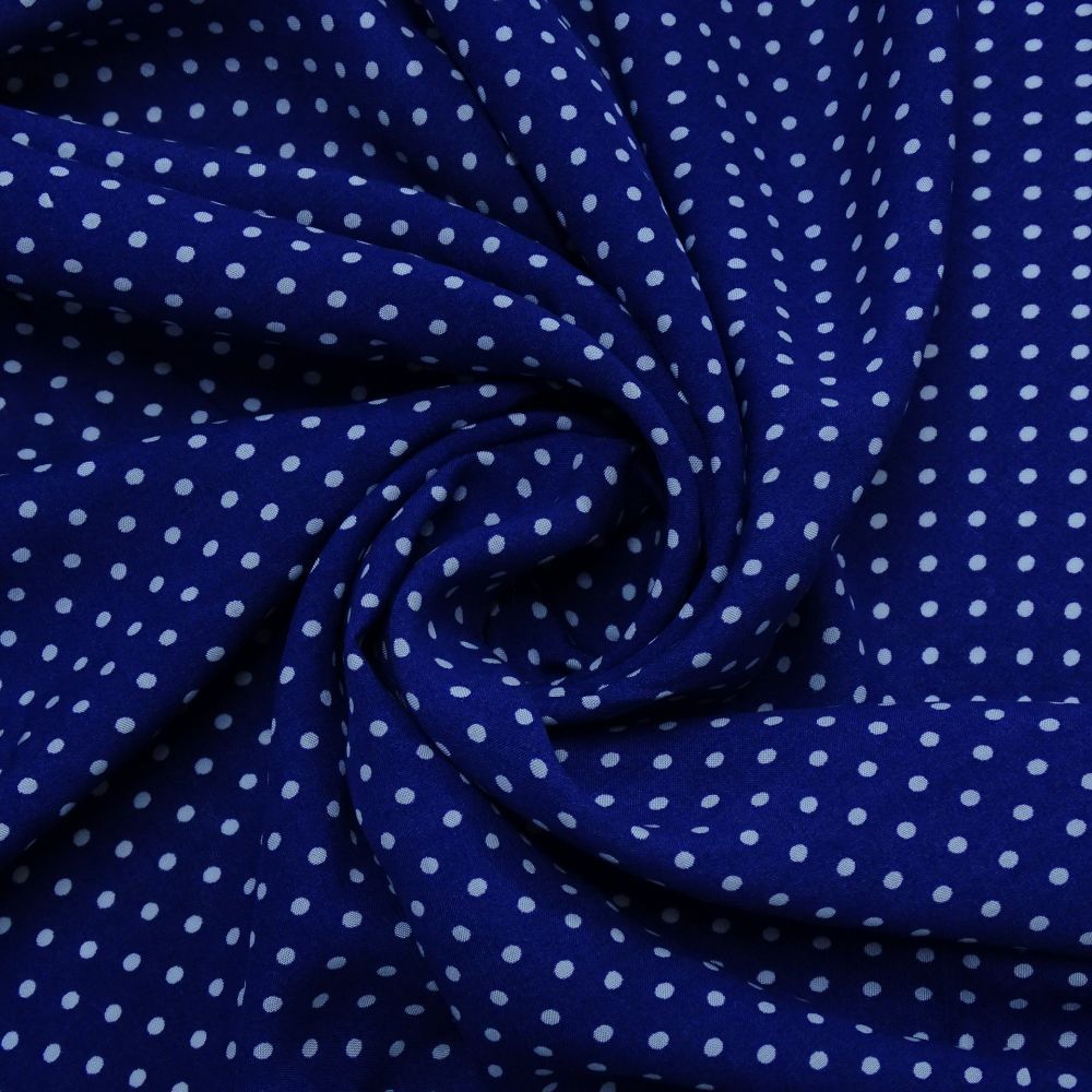 Tecido Viscose Casual Estampada, Mini Poás Brancos, Fundo Cor Azul Marinho 