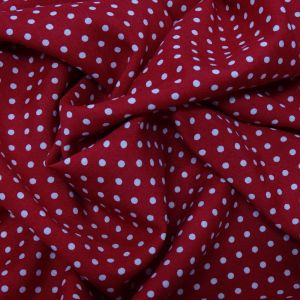 Tecido Viscose Casual Estampada, Mini Poás Brancos, Fundo Cor Vermelho Queimado 