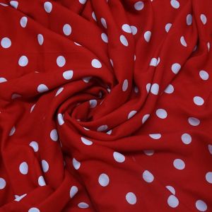 Tecido Viscose Casual Estampada, Poás Médios 1,5CM Cor Branca Fundo Vermelho  