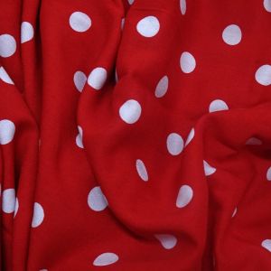 Tecido Viscose Casual Estampada, Poás Médios 1,5CM Cor Branca Fundo Vermelho  