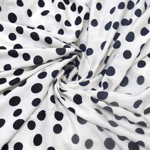 Tecido Viscose Casual Estampada, Poás Médios 2CM Cor Preta Fundo Off White 