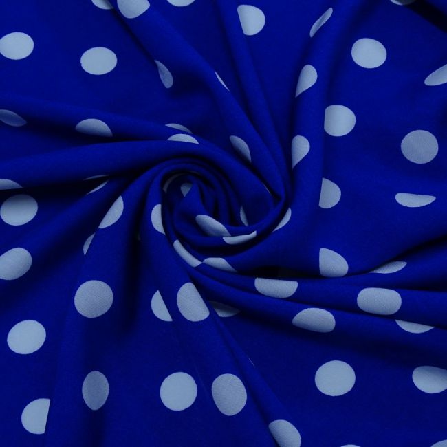 Tecido Viscose Casual Estampada, Poás Médios Cor Branca, Fundo Cor Azul Royal Escuro