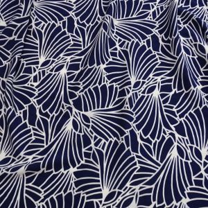 Tecido Viscose Italiana Estapada Abstrata Branca com fundo cor Azul Marinho 